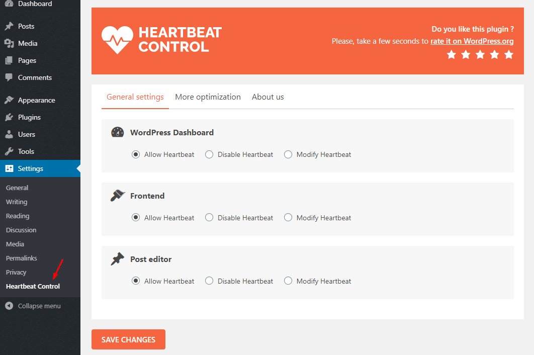 Heartbeat control plugin configuration in WordPress