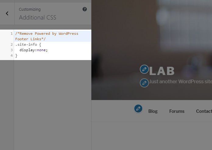 Remove powered by WordPress footer link using CSS