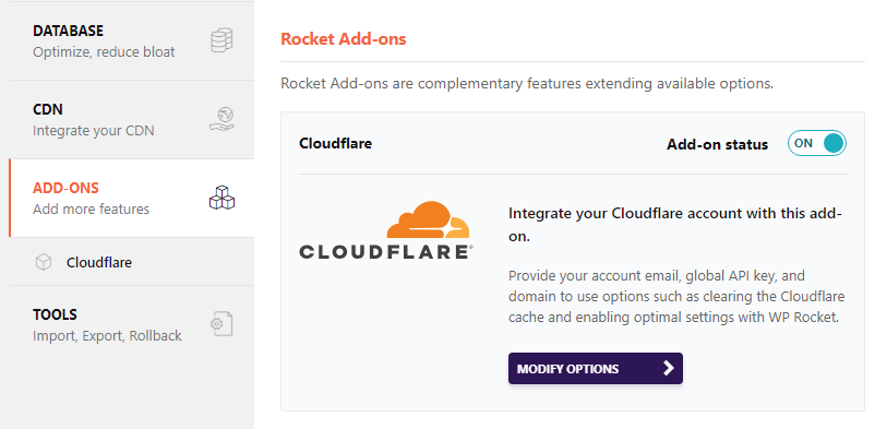 WP Rocket Cloudflare add-ons