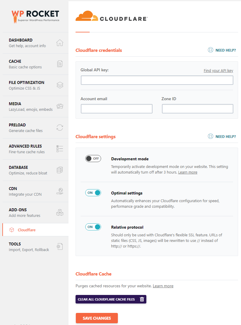 WP Rocket Cloudflare settings