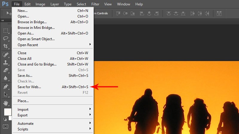 Save for web option in Adobe Photoshop