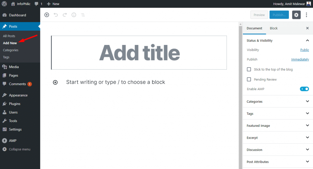 Adding a new post in WordPress using Gutenberg Editor