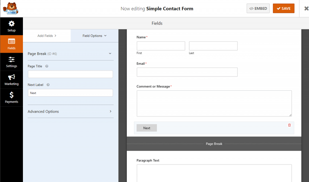 Page break fancy field in WPForms