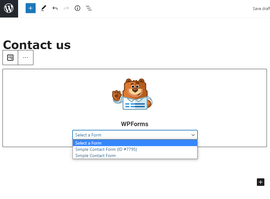 Select form to embed from WPForms dropdown
